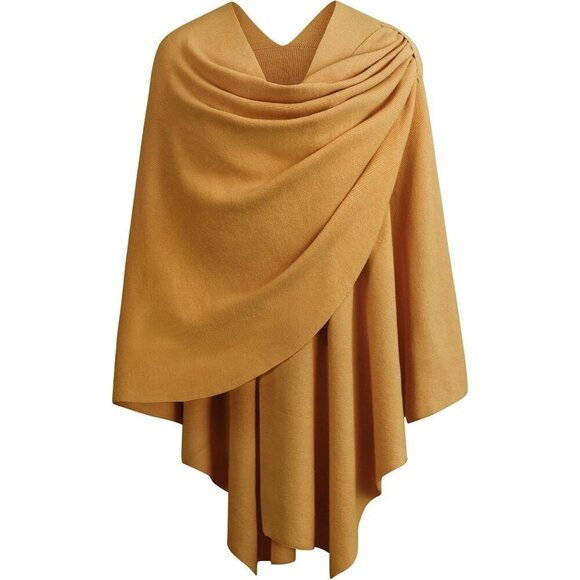 Accessories - Women 1-ginger Yellow Cross Front Poncho Sweater Wrap Knitted Elegant Shawls Cap